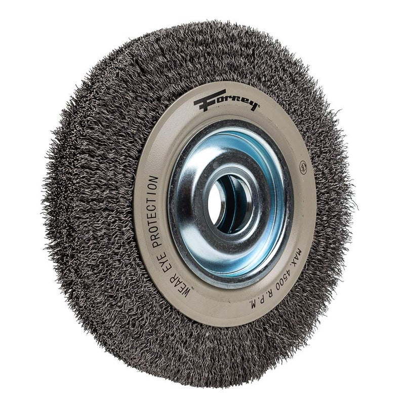 Forney 72897 Wire Bench Wheel Brush, Industrial Pro Crimped with 1/2-Inch Through 2-Inch Multi Arbor, 8-Inch-by-.012-Inch - Image 2